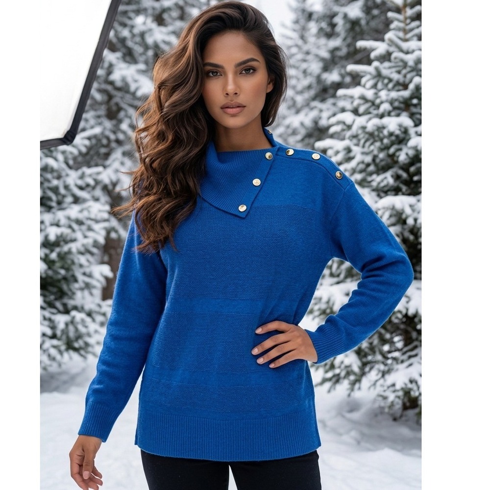 Chico's Zenergy 1 Blue Cashmere Blend Button Mock‎ Neck Sweater Medium